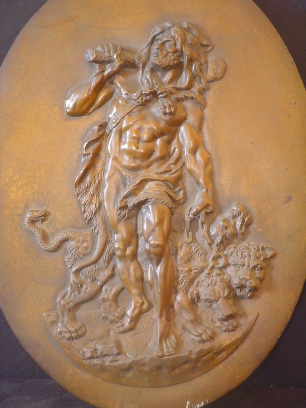 HENRY BONNARD BRONZE OVAL PLAQUE OF MAN & LION 2845 - 2
