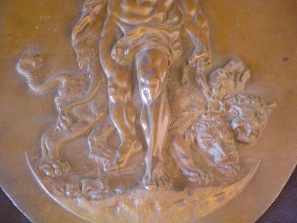 HENRY BONNARD BRONZE OVAL PLAQUE OF MAN & LION 2845 - 3