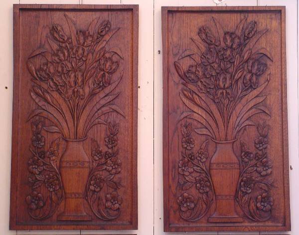 LARGE CARVED OAK PANELS WITH FLOWERS 15738A