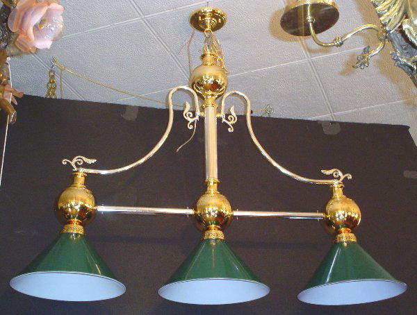 NICE 3 DROP POLISHED BILLIARD POOL TABLE LIGHT 2821: Fancy three light pool table light two tone polished brass, green tin shades. Dimension: 45 3/4" H x 55" W shades: 15" D Age: Contemporary Material: Brass