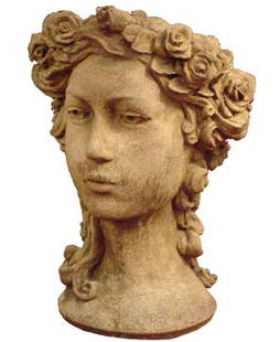 STONE LADY HEAD PLANTER WITH FLOWERS 2956: Elegant stone lady head planter with flowers. Dimensions: 15 1/2"H x 11"Dia. Age: Contemporary Material: Stone