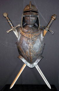 ARMOR WITH 2 CROSS SWORDS 1109B: Armor with 2 cross swords. Dimensions: 40"H x 26"W x 11"D Age: Contemporary Material:Fiberglass