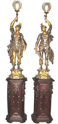 LG PAIR OF GAS KNIGHT NEWELL POST LIGHTS 2920: Impressively large, undeniable quality! Pair of two-toned spelter, original gas newel post lights of Knights. Both have a realistic stature of guarding one's property as they hold the light high to wa