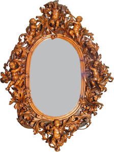 464: XLG CARVED BESAREL MIRROR 6 CUPIDS 8.5X6.5 FT 1592