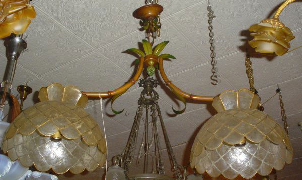 FAUX BAMBOO POOL TABLE LIGHT W/ MICA SHADES 12301: Faux bamboo pool table light with mica shades. Dimensions: 26"H x 40"W Age: C.1920 Material: Faux Bamboo