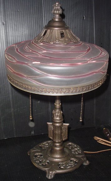 ART DECO LAMP WITH LOETZ SHADE 3274: Art Deco lamp with pink and clear Loetz shade. Dimensions: 16"H x 9 "Diameter Age: C.1920 Material: Brass