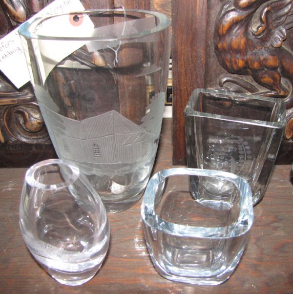 4 ORREFORS STYLE LEAD CRYSTAL VASES W/ETCHING 1631: Four Orrefors style lead crystal vases, three with etching. Dimensions: Assorted Age: C.1960 Material: Crystal