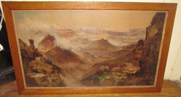 GRAND CANYON PRINT IN OAK FRAME 3364: Grand Canyon print in oak frame signed Thomas Moran dated 1892. Lithograph by G.H. Buck & Co NY. Dimensions: 27"H x 43 1/2"W Age: C. Material: Paper