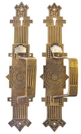 BRONZE EASTLAKE FRONT DOOR SET 3349: Decorative cast bronze Eastlake door handles, elaborately executed. Dimensions: 14"H x 4"W x 3"D Age: C.1870 Material: Bronze