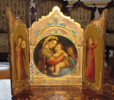 3 PART GOLD ICON OF MADONNA AND CHILD 2937: Three part gold icon with Madonna and child. Dimensions: Open- 16"H x 20 1/4"W Closed- 16"H x 10"W Age: C. Material: Wood