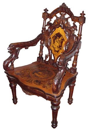 BLACK FOREST CARVED MUSICAL CHAIR W/INLAY 1542: Museum quality Black Forest carved walnut inlaid music arm chair with stunning carved and inlaid details. The back rest consists of back to back Sphinx surrounding an inlaid scene of chamois goat and 
