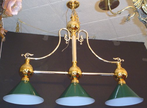 NICE POLISHED BRASS & CHROME POOL TABLE LIGHT 2821: 3 light pool table light, 2 tone polished brass and chrome with green shades. Dimensions: 55"H x 54"W x 15"D Age: Contemporary Material: Brass and Tin