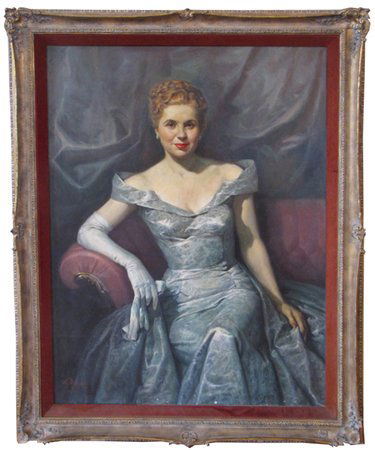 L. MARKOS OIL ON CANVAS PORTRAIT OF DEBUTANTE 3343: Delicately detailed oil on canvas of portrait lovely debutante signed L. Markos 1958. Dimensions: 53 1/4"H x 41"W Age: C. 1958 Material: Oil on Canvas