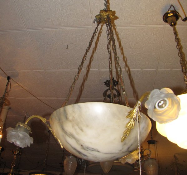 3 ARM WHITE ALABASTER DOME LIGHT 15653: Three arm white alabaster dome light. Dimensions: 32"H x 25"Diameter Age: C.1910 Material: Alabaster