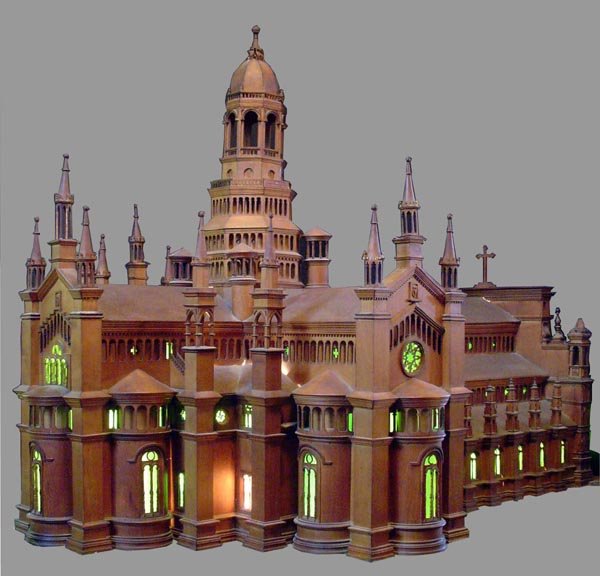 HUGE ANTIQUE GOTHIC REVIVAL MODEL CATHEDRAL 2001: Elaborately executed model cathedral with working lights, stained glass windows, and many precise intricate details it must have taken years to construct. Dimensions: 33 1/2"H x 59"W x 44"D Age: C. 18