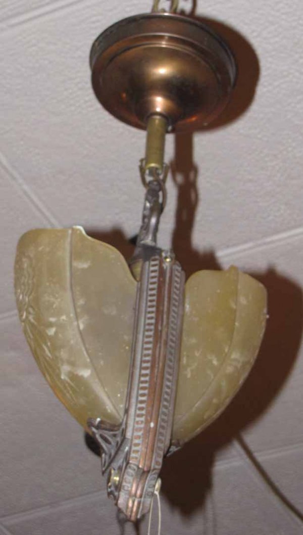 RARE ART DECO SLIP SHADE HALL LIGHT FIXTURE 1082: Rare Art Deco slip shape hall fixture. This is a true origonal slip shade hall fixture and not just a pair of wall sconces put together. Dimensions: 21"H x 10"W Age: C. 1920 Material: Bronze