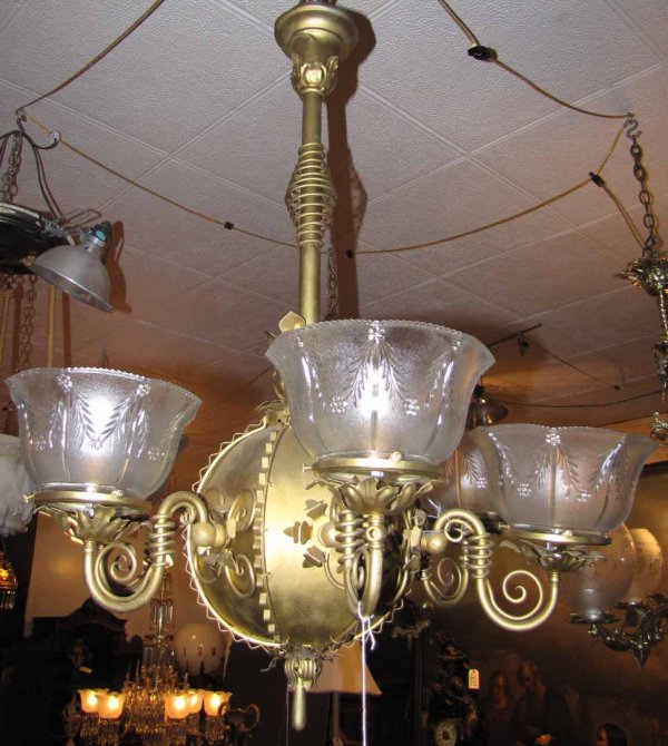 ANTIQUE SIX ARM SPIRAL IRON GAS CHANDELIER 1566: Six arm iron gas chandelier with spiral work. Dimensions: 35"H x 29"W Age: C.1910 Material: Iron