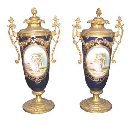 PR FRENCH SEVRES HAND PAINTED PORCELAIN URNS 3389: Sensational pair of bronze mounted double handled urns with hand painted courting couple center scenes in dark blue attributed to Sevres. Dimensions: 11"H x 5 1/2"W x 4"D Age: C. 1880 Material: Porcel