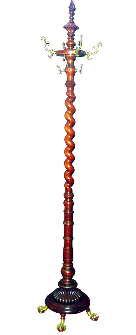 TWISTED WOOD HUNZINGER BALL & CLAW COAT RACK 3099: Highly detailed tall twisted wood Hunzinger coat rack with wood ball and bronze paw feet. Dimensions: 82 3/4" H x 16 1/2" W x 16 1/2" D Age: C. 1880 Material: Mahogany