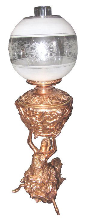 MERMAID OIL LAMP W/CHERUBS SWANS & NORTH WIND 1553: Awe inspiring electrified oil lamp of winged mermaid suported by two swans and holding the canister with north wind face and cherubs in copper over spelter with original etched glass oil shade. Dimens