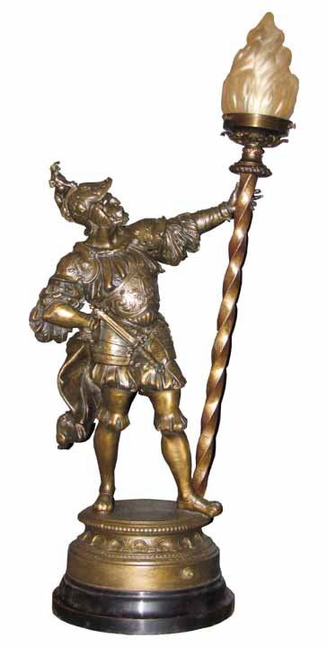 ANTIQUE CAVALIER NEWEL POST LIGHT W/ TORCH 2918: Handsome cavalier newel post light with torch. Dimensions: 32"H x 12"W x 9"D Age: C. 1900 Material: White Metal