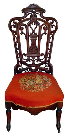 VICTORIAN LAMINATED ROSEWOOD SLIPPER CHAIR 1136: Lovely laminated rosewood slipper chair with floral needlepoint upholstery. Dimensions: 39"H x 19"W x 24"D Age: C. 1870 Material: Rosewood