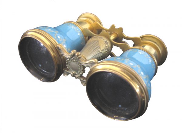 BRONZE AND PORCELAIN TIFFANY OPERA GLASSES: Elaborate signed Tiffany & Co. opera glasses in Tiffany blue with hand painted floral accented porcelain and decorative original patina cast bronze. Dimensions: 3"H x 4 1/4"W Age: C. 1900 Material: Br