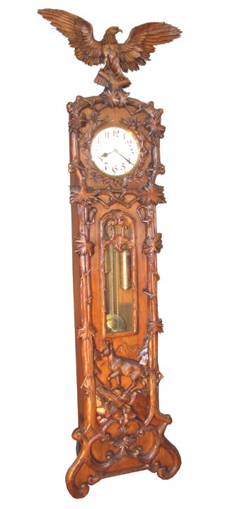 BLACK FOREST GRANDFATHER CLOCK W/EAGLE 3440: Rare early precisely carved Black Forest two door all original tall case clock. The most striking feature of this remarkable clock is the intense open winged eagle top but the details certainly don't
