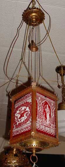 AESTHETIC HALL LIGHT DOUBLE ETCHED RUBBY GL 1651: Aesthetic movement Eastlake hall fixture with double etched ruby glass panels. Each panel having a different design, a beutifull woman within a bed of flowers, a bird in flight with a branch, double u