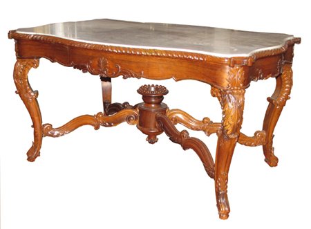 SGND ALEXANDER ROUX ROSEWOOD MARBLE TOP TABLE 30233: Second to none signed Alexander Roux carved rosewood library table with marble top and exquisitely carved details including acanthus leaf motif carved legs, apron and stretcher, fleur de lis accented