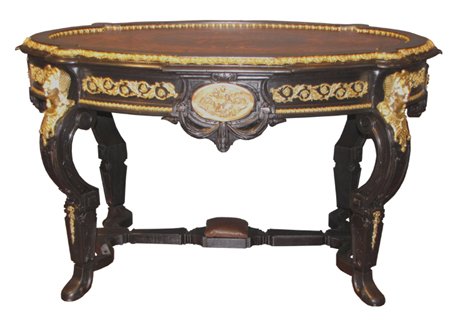 RENAISSANCE POTTIER & STYMUS INLAID TABLE 30143: Sensational American Renaissance inlaid museum quality center table in the highest of quality. Each remarkable attribute leads us to Pottier & Stymus, with exceptional bronze mounts and insanely inlai