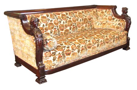 MAHOGANY JENNY LIND BUST VICTORIAN SOFA 3408: Breathtaking carved mahogany sofa with Jenny Lind bust arm rests with acanthus leave accents and scrolled ends. Dimensions: 34"H x 77"W x 37"D Age: C. 1880 Material: Mahogany