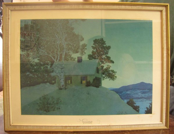 MAXFIELD PARRISH WINTER SCENE "EVENTIDE" 1547A: "Eventide" signed Maxfield Parrish winter scene. Dimensions: 13.75"H x 17.75"W. Age: 1940 Material: print PLEASE SEE LOTS 183 - 184 FOR MORE MAXFIELD PARISH LANDSCAPE SCENES.