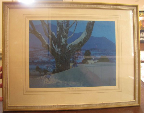 MAXFIELD PARRISH WINTER SCENE PATH TO HOME 1547B: "The Path to Home" signed Maxfield Parrish winter scene. Dimensions: 13.75"H x 17.75"W Age: 1940 Material: print PLEASE SEE LOTS 183 - 184 FOR MORE MAXFIELD PARISH LANDSCAPE SCENES.