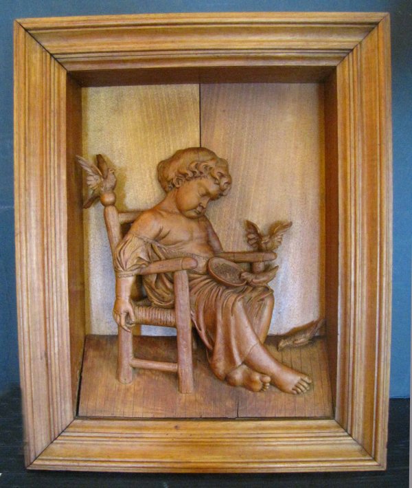 3-D FRAMED WOOD CARVING OF CHILD W/ BIRDS 14522