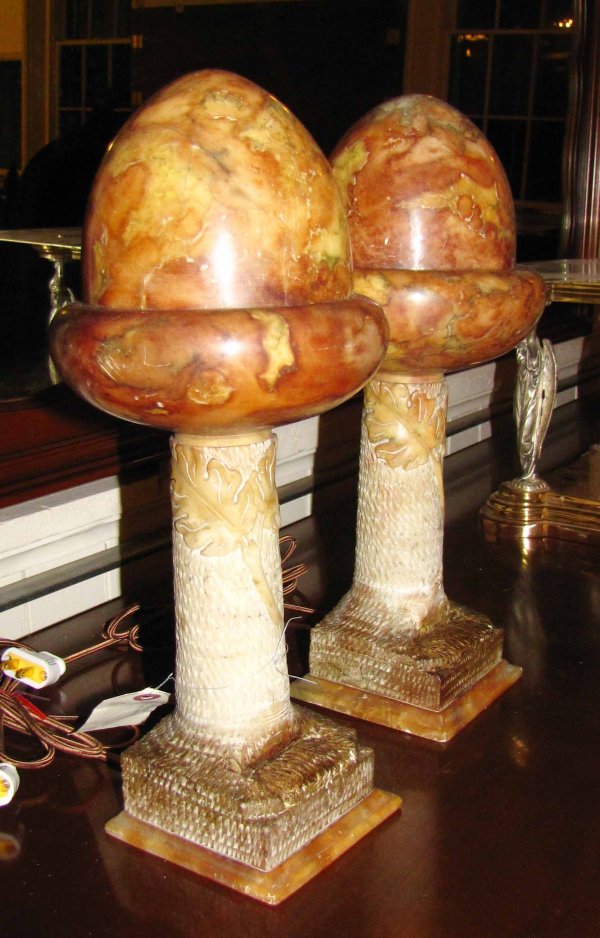 PR OF ANTIUQE ALABASTER ACORN MUSHROOM LAMPS 3671: Pair of alabaster acorn mushroom lamps with tree bark, twigs & leaf carvings and two part shade. Age: Circa 1910 Measurments: 14" H X 6" dia. & 4 1/4" square base