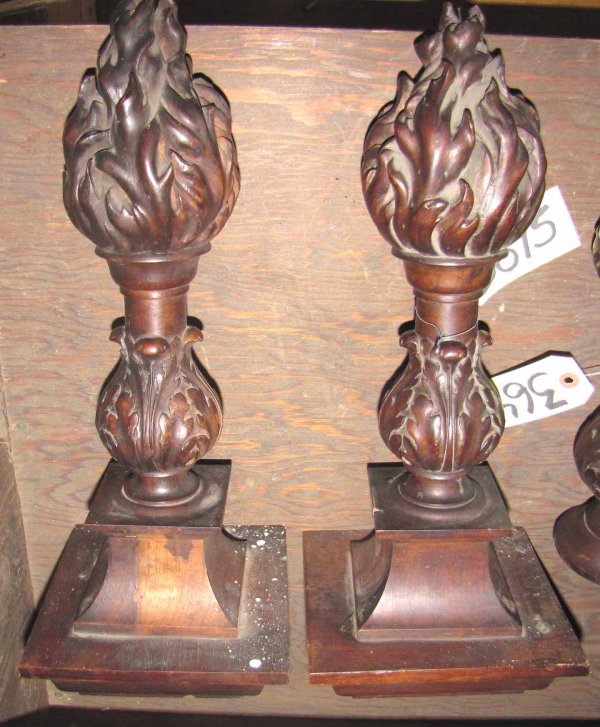 SET OF TWO LG CARVED WALNUT FLAME TOP FINIALS 3645
