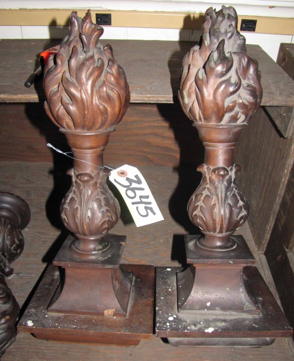 SET OF TWO LG CARVED WALNUT FLAME TOP FINIALS 3645 - 2