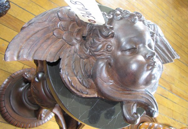 CARVED WALNUT CREST OF WINGED CUPID HEAD. 3616B - 2