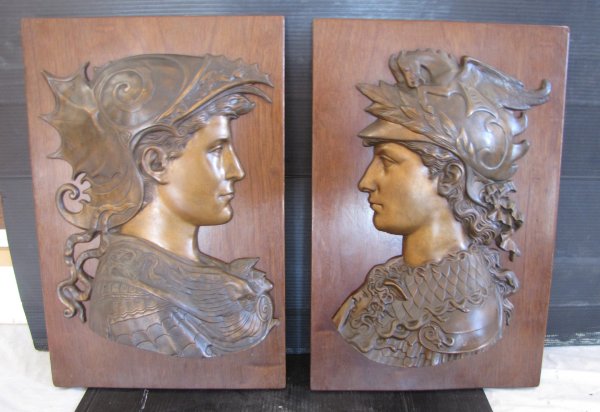 PR OF BRONZE LADY AND MAN BUST PLAQUES ON OAK 3391