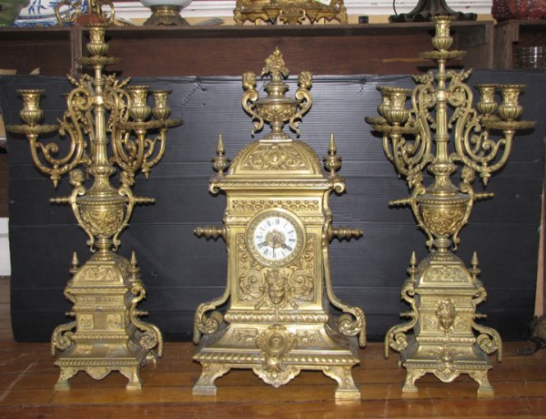 LG 3PC CAST BRONZE CLOCK SET WITH LADY HEADS 14433