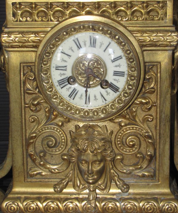 LG 3PC CAST BRONZE CLOCK SET WITH LADY HEADS 14433 - 2