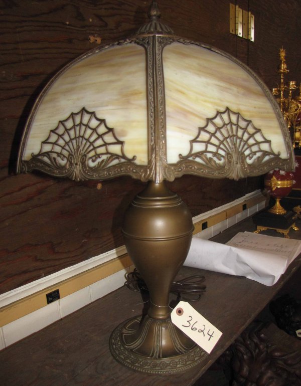 BENT SLAG GLASS TABLE LAMP SPIDER WEB OVERLAY 3624 - 2