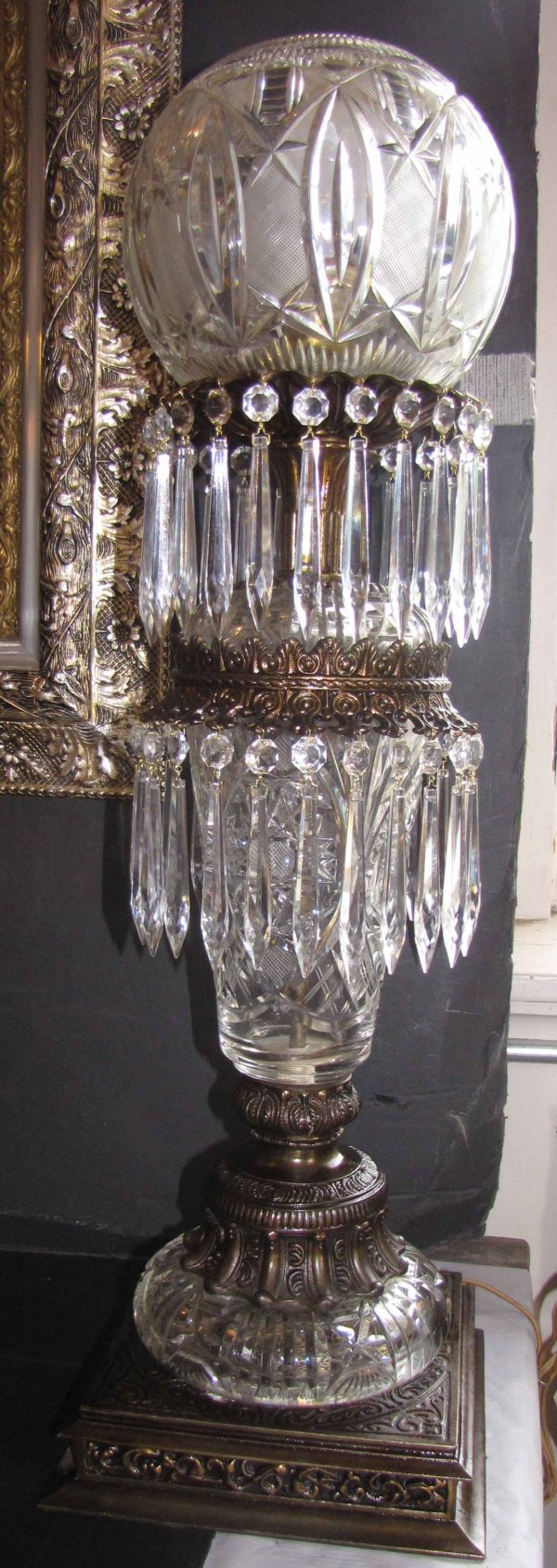TALL CUT & PRESSED GLASS LAMP WITH PRISMS 3639
