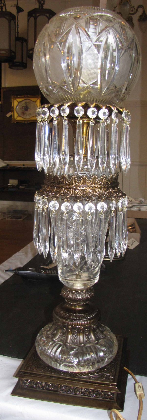 TALL CUT & PRESSED GLASS LAMP WITH PRISMS 3639 - 3