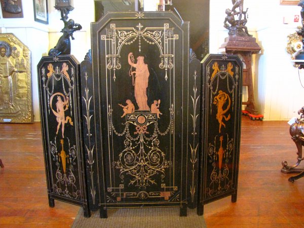 RENAISSANCE FIGURA INLAID EBONIZED FIRESCREEN 3750: Amazing American Renaissance three-part ebonized firescreen with inlaid ladies, torches, & winged cupids and gold incised foliage, drapery, & ferns & vessels Dimensions: middle 54"H x 29.5"W sides 43.