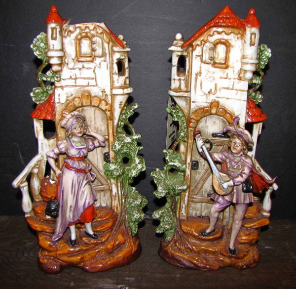 GERMAN PORCELAIN EPERGNES W/ BROKEN PC. 3849b: German porcelain epergne w/ figures and broken pc. Dimensions: 12.5"H x 7"L x 3.5"W Age: 1910 Material: Porcelain