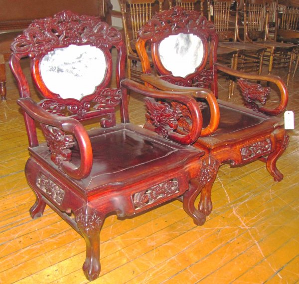PR ORIENTAL CHAIRS W/DRAGONS W/ GREY MBL PC 3868: Pair of Oriental chairs with dragons and grey marble piece backs Dimensions: 36"H x 24"W x 23"D Materials wood and marble Age 1900