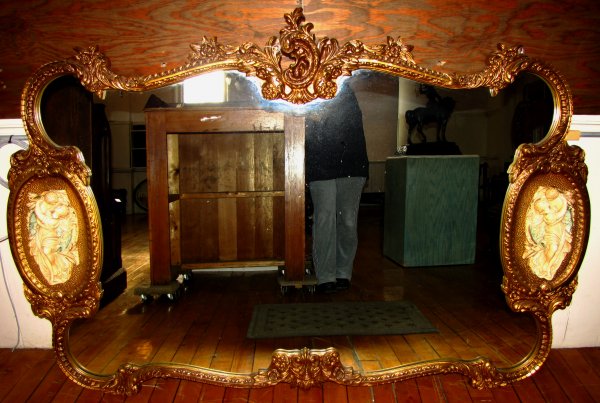 LARGE WALL MIRROR W/ FIGURAL LOVERS PLAQUES 3827: Nice large old mirror with figural plaques of loving couples. Dimensions: 48.5"H x 73"L x 4.5"W Age: circa 1940's Material: Wood & Glass