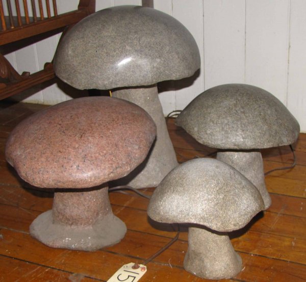 4 CVD GRANITE MSHROOMS YARD / GARDEN ART 1519: Four exterior carved granite mushrooms one with light up top (needs new wire). Dimensions: Varies Material: Granite Age: 1920